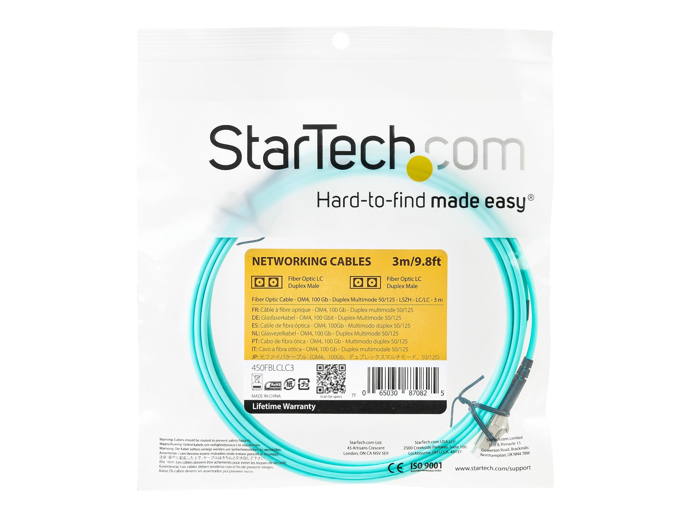 StarTech.com Aqua OM4 Duplex Multimode Fiber - 3m/ 9 ft - 100 Gb - 50/125 - OM4 Fiber - LC to LC Fiber Patch Cable (450FBLCLC3) - Cable de red - LC de modos múltiples (M) a LC de modos múltiples (M) - 3 m - 3 m - fibra óptica - impresión a dos caras - 50/125 micras - OM4 - agua