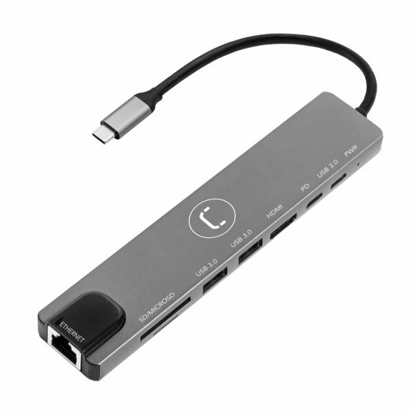 Hub USB-C Unno Tekno 8 en 1 HDMI USB-A USB-C SD MicroSD LAN PD