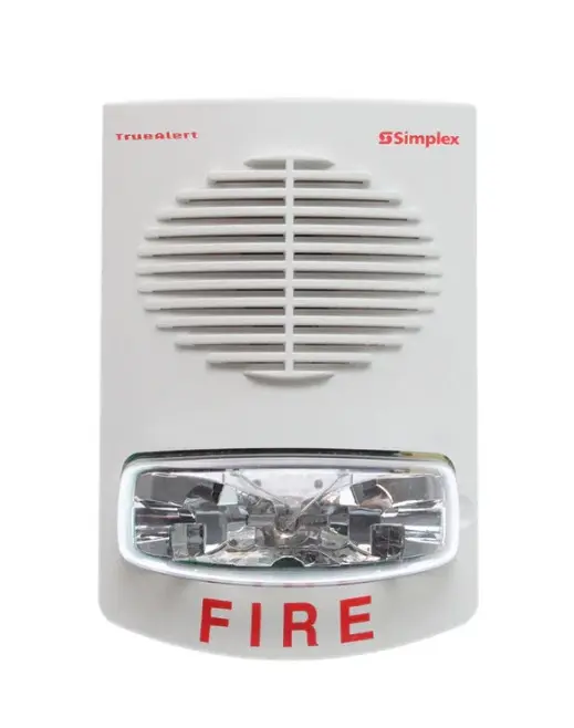 Altavoz con estrobo multicandela, montaje de pared, color blanco, letras rojas. Simplex
