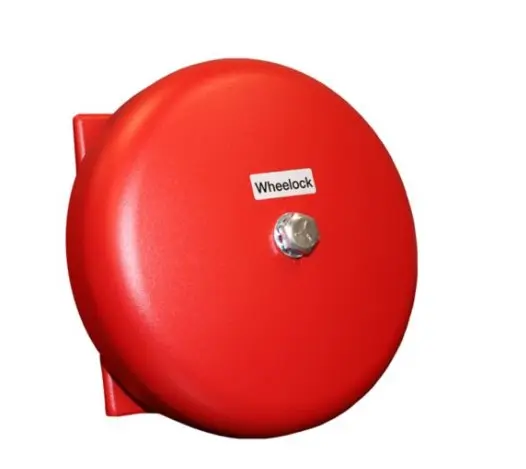 Campana de motor Wheelock, montaje en pared para exterior, 24 VCC, 6 pulgadas, roja.