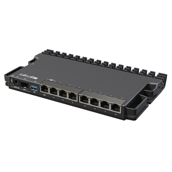 Router MikroTik RB5009UPr+S+IN con 4 nucleos de CPU, 350-1400Mhz, RAM 1GB, 1 pts PoE In, 7 pts10/100/1000, 1pts SFP+, 1pts 2.5G.