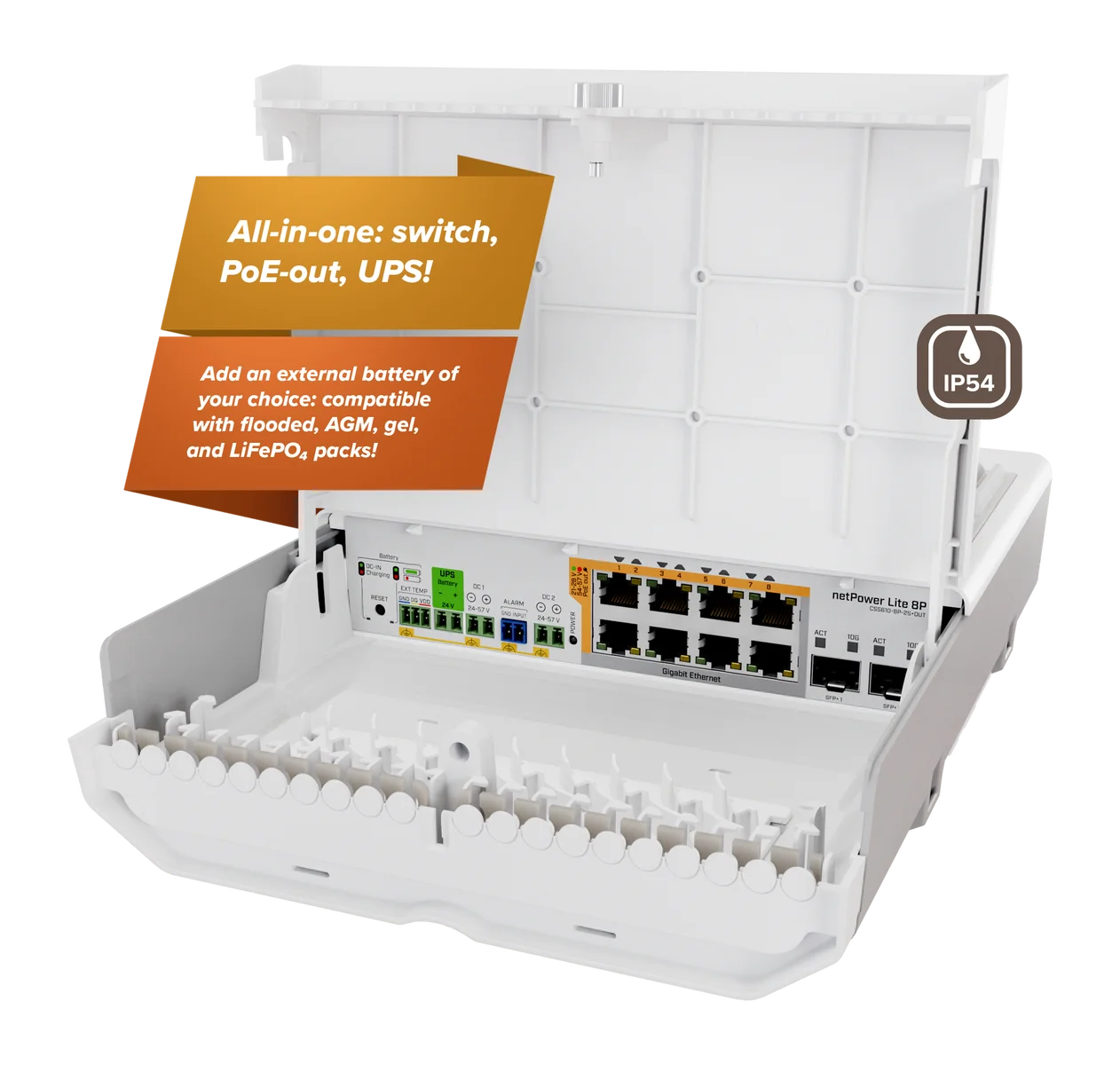 Switch MikroTik netPower Lite 8P, para exteriores, 8 pts POE out 802.3af/at, 2 SFP+ 10G, SwOS Lite