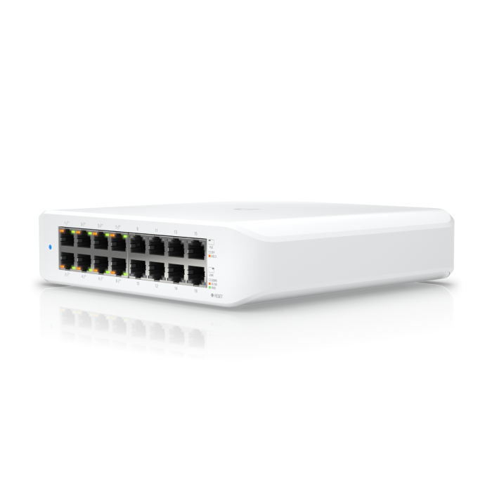 UniFi Switch Lite 16 PoE: 8 puertos PoE+ con 45 W, sin ventilador