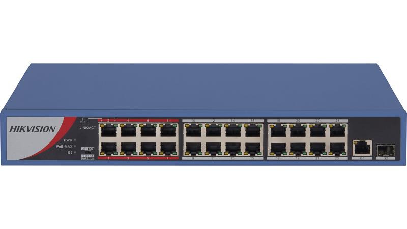 Switch PoE+ No Administrable, 24 Puertos 100 Mbps PoE+, 1 Puerto 1000 Mbps y 1 Puerto SFP Uplink, PoE hasta 250 metros, 230 Watts.