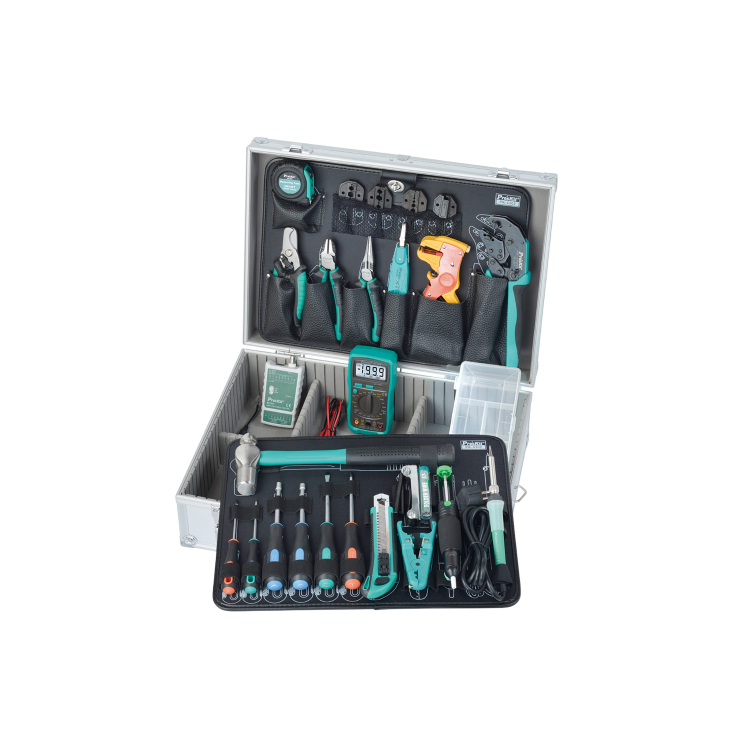 MALETA PROSKIT DE HERRAMIENTAS RED INCLUYE TESTER MARTILLO CAUTIN DESATORNILLADORES Y MASPK-4302AI
