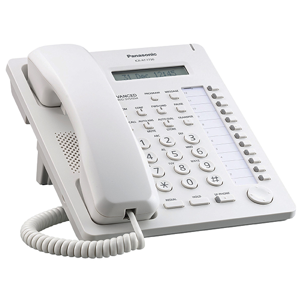 TELÉFONO PANASONIC,LCD, 12 BOTONES, ALTAVOZ, BLANCO, PUERTO 2.5MM MODELO KX-AT7730HK