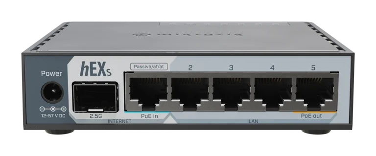Router MikroTik Compacto hEX S (2025) con 1×SFP 2.5G, 5×GbE, PoE y CPU Doble Núcleo.