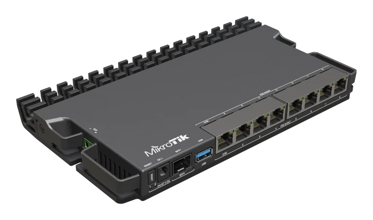 Router MikroTik RB5009UPr+S+IN con 4 nucleos de CPU, 350-1400Mhz, RAM 1GB, 8 pts PoE Out/In, 7 pts10/100/1000, 1pts SFP+, 1pts 2.5G.