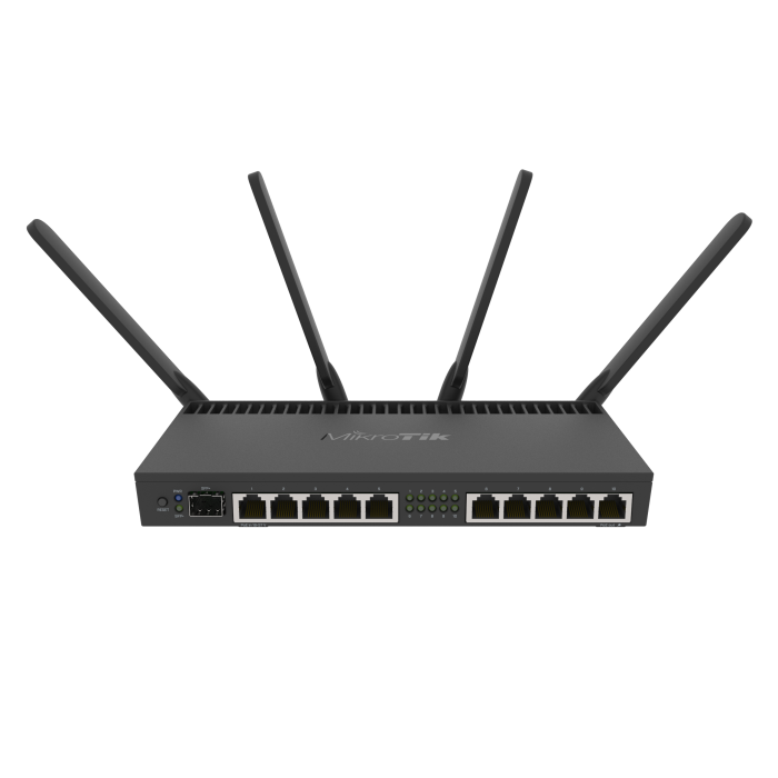 Router MikroTik RB4011iGS+5HacQ2HnD-IN con 4 nucleos de CPU, 1.4Ghz, RAM 1G, 10 ptos 10/100/1000, 1 SFP+ 10G, WiFi AC Doble banda