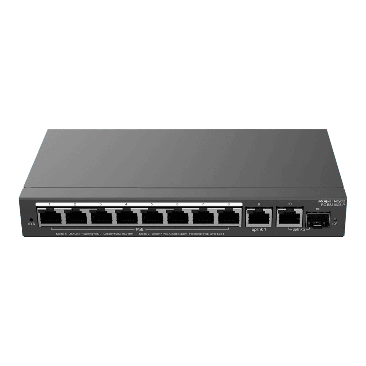 Switch Reyee, capa 2, 10 puertos, 8 puertos PoE+ y 2 puerto uplink, tiene 1 puerto FSP, gestionado en la nube, RG-ES210GS-P