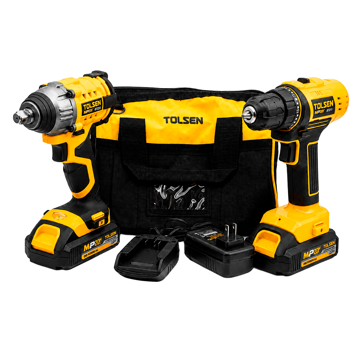 Kit de taladros Impacto y atornillador, Tolsen, inalámbricos, litio, 20V, 10mm (3/8”) +1/2″, (incluye 2 baterías 2ah), 87415
