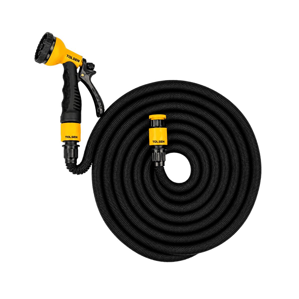 Manguera, Tolsen, 5mts, con conector de 1/2″-3/4″ y boquilla de 8 patrones, 57250