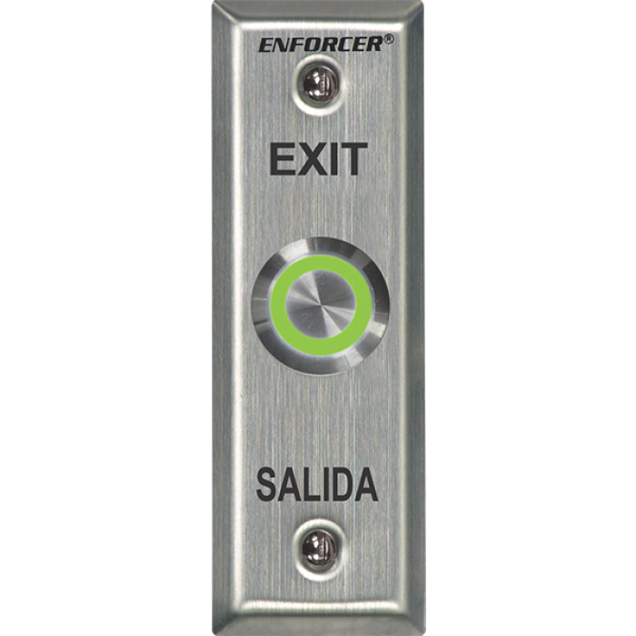 Botón de salida slim, IP65, antivandálico, iluminado. ETL, Conforme a UL Std. 294. Interruptor NA/NC (DPST). LED de 12 V CC: admite 24 V CC con resistencia incluida de 1 kΩ y 1/4 W Seco-Larm
