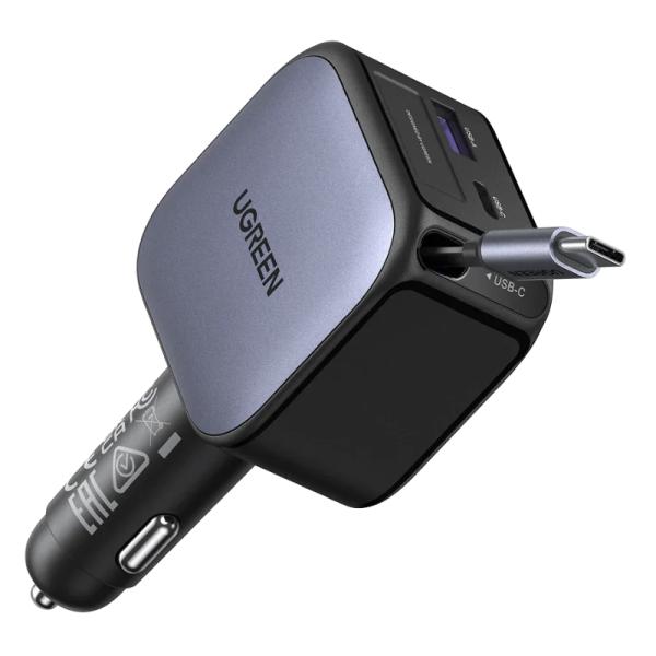 Cargador de Auto UGREEN EC602 USB-C + USB-A 60 W Retráctil