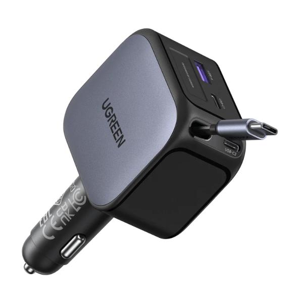 Cargador de Auto UGREEN EC604 2 USB-C + USB-A Retráctil
