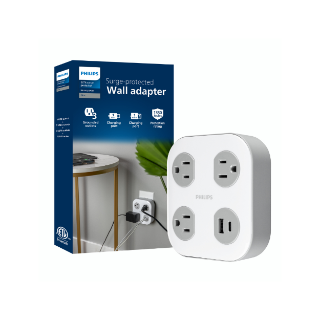 PROTECTOR DE PICOS 3 TOMAS 1 USB-C 1 USB-A 1350J SPP3743GR-37 PHILLIPS