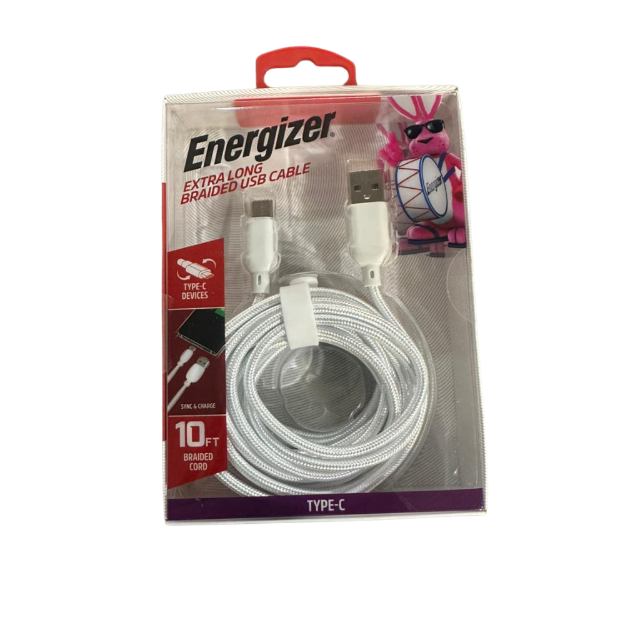 CABLE USB-C A USB-A 3 MTS TRENZADO BLANCO ENG-TC3WH ENERGIZER