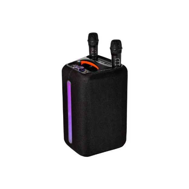 PARLANTE PORTATIL RECARGABLE 2MICROFONOS LUZ SD AUX VTA-82968