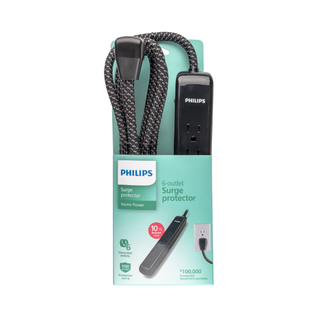 PROTECTOR DE PICOS 6 TOMAS 1080J 3MTS CABLE TEJIDO SPC3064BG-37 PHILLIPS