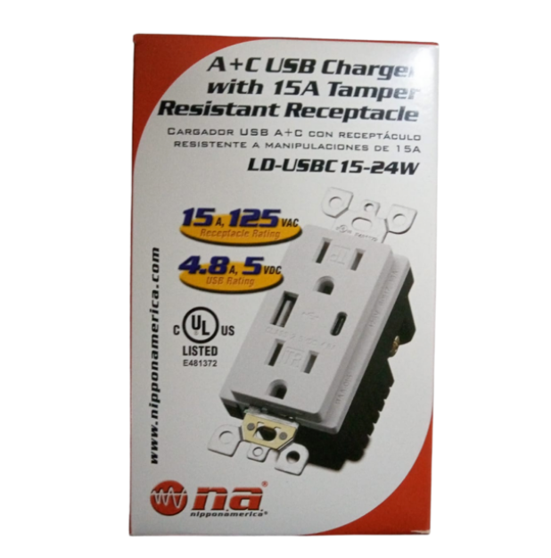 TOMA CORRIENTE DOBLE + 1USB A + 1USB C DECOR BLANCO CON PLACA T/OCULTO 15AMP 125V LD-USBC15-24W NIPPON