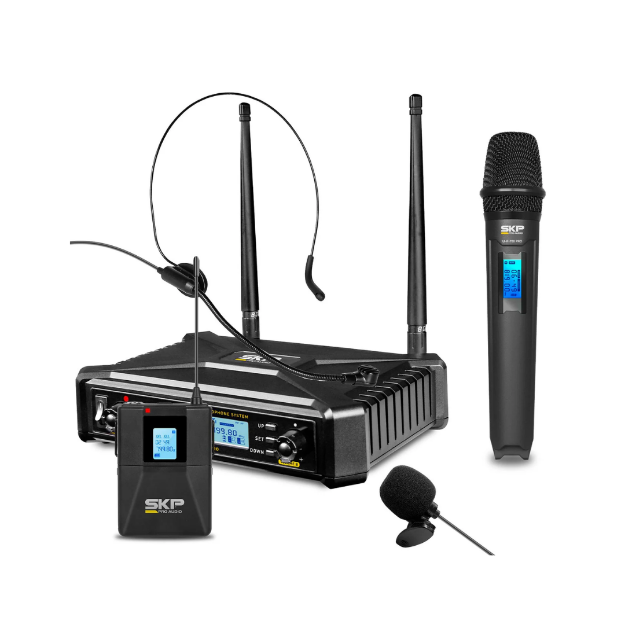 SKP UHF-700 PRO MANO SOLAPA O DIADEMA MULTIFRECUENCIA MICROFONO DOBLE INALAMBRICO