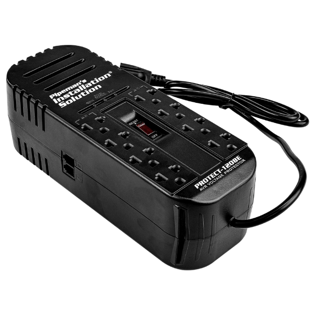 PROTECTOR DE PICOS + REGULADOR DE VOLTAJE 8 TOMAS 320J 1.2M 600W C/RETARDO PROTECT-1208E NIPPON