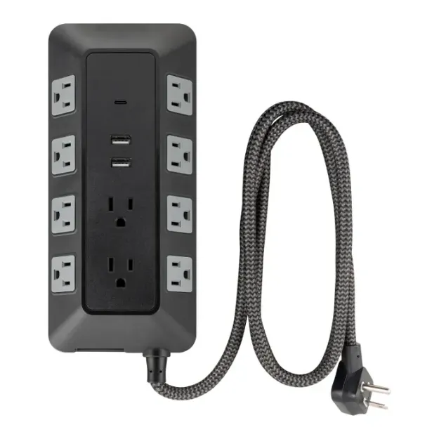 PROTECTOR DE PICOS 10 TOMAS 2 PUERTOS USB-A 1 PUERTO USB-C 3540J 1.21MTS CABLE TEJIDO NEGRO 74763 GE