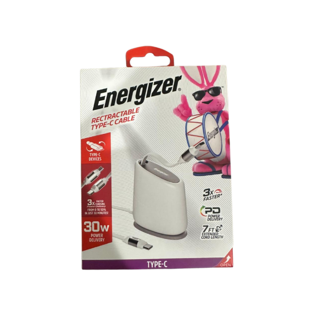 CABLE DE ESCRITORIO RETRACTIL USB-C A USB-C PD 2.3 MTS DE 30W BLANCO ENG-TC9WH ENERGIZER