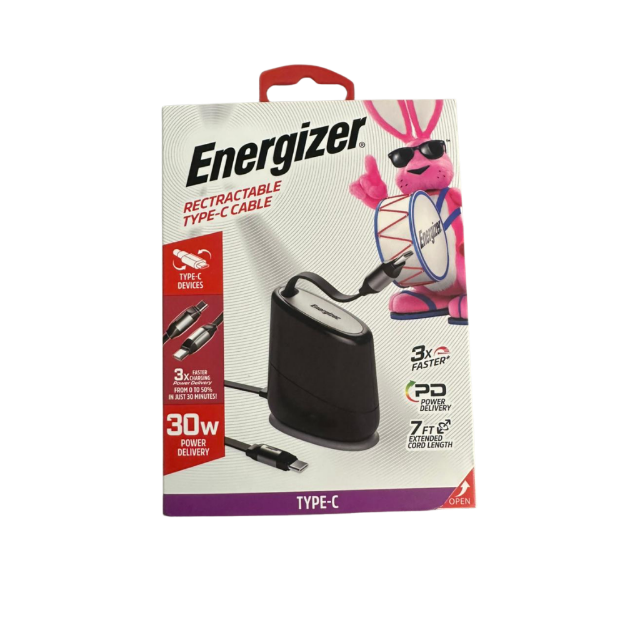 CABLE DE ESCRITORIO RETRACTIL USB-C A USB-C PD 2.3 MTS DE 30W NEGRO ENG-TC9BK ENERGIZER